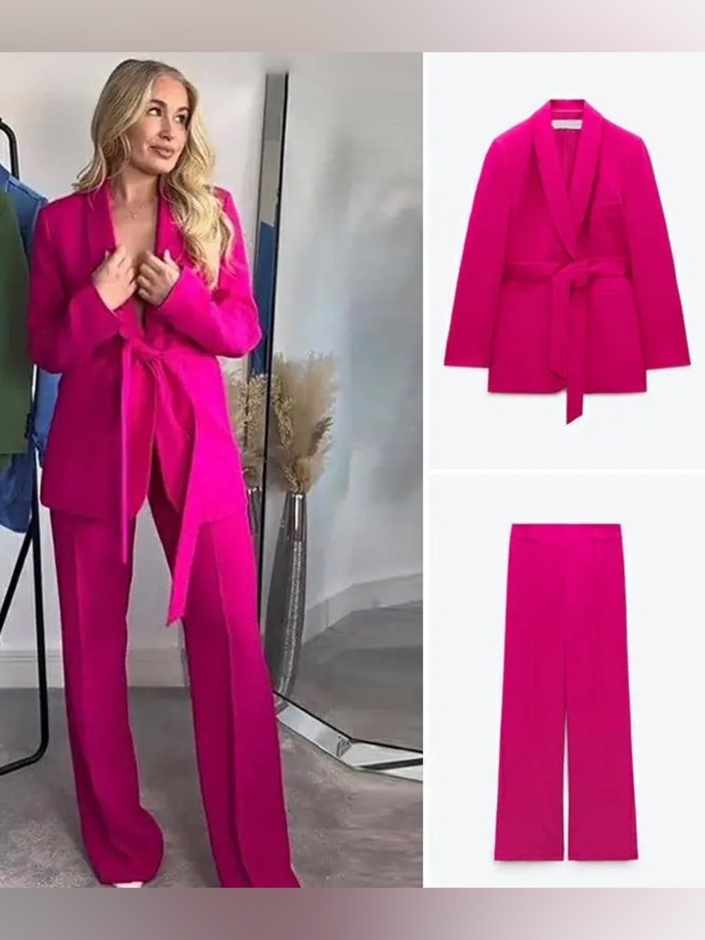 Zara Tailored Tie-Waist Neon FUSHIA Women's Blazer & Pants Set